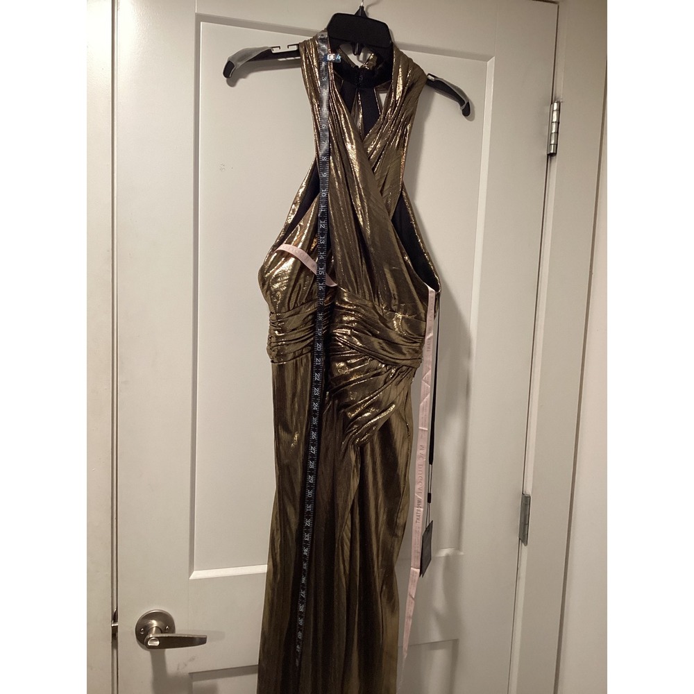 Ieena for Mac Duggal Gold Metallic Halter Gown High Slit Formal Dress 14 - Picture 5 of 11